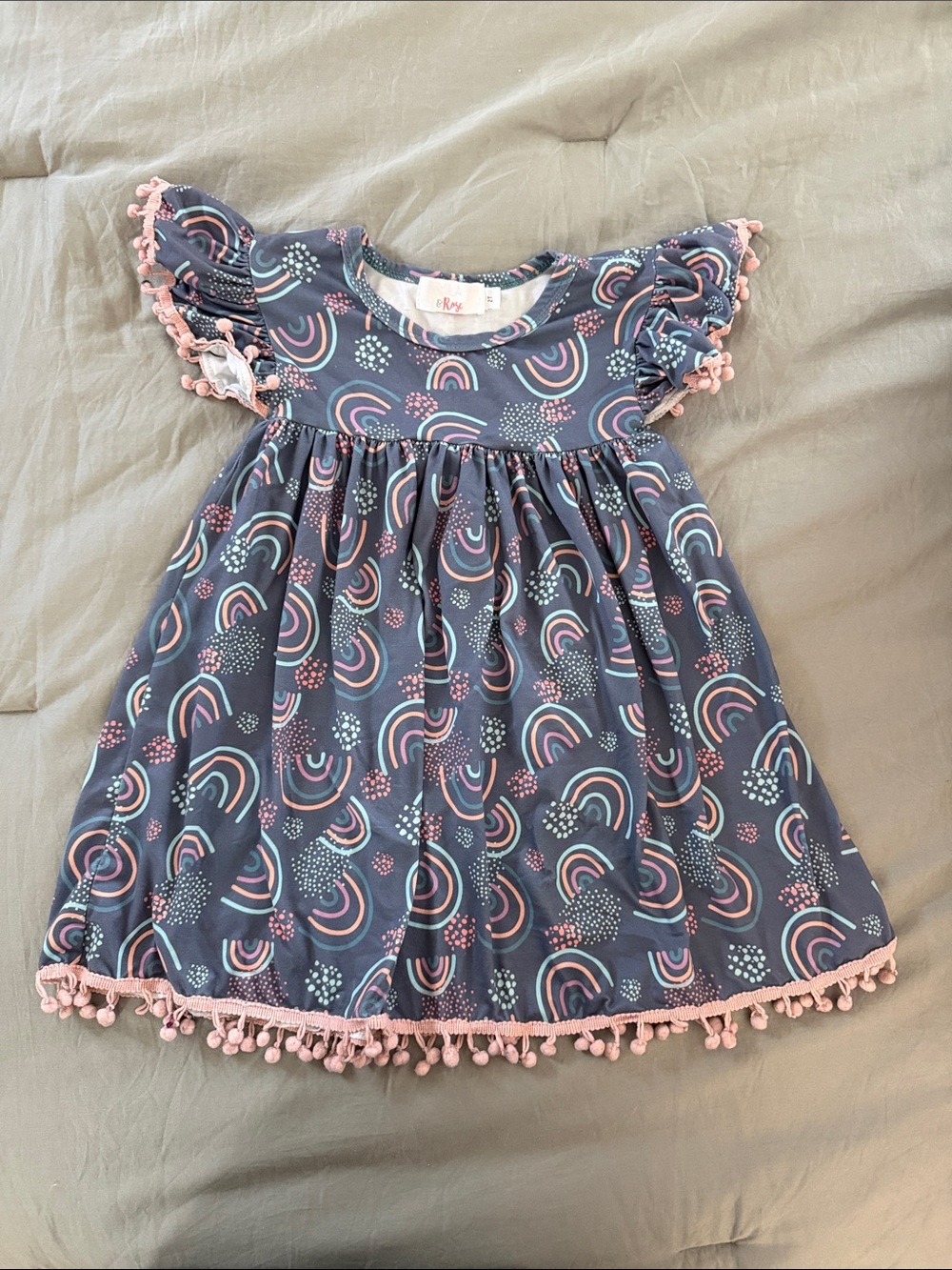 Girls Navy Rainbow Pom-Pom Trim Cotton Dress